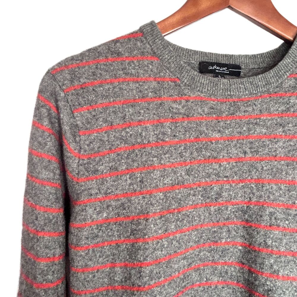 Saks Fifth Avenue L CASHMERE Sweater Gray Orange Stripes Crewneck Pullover